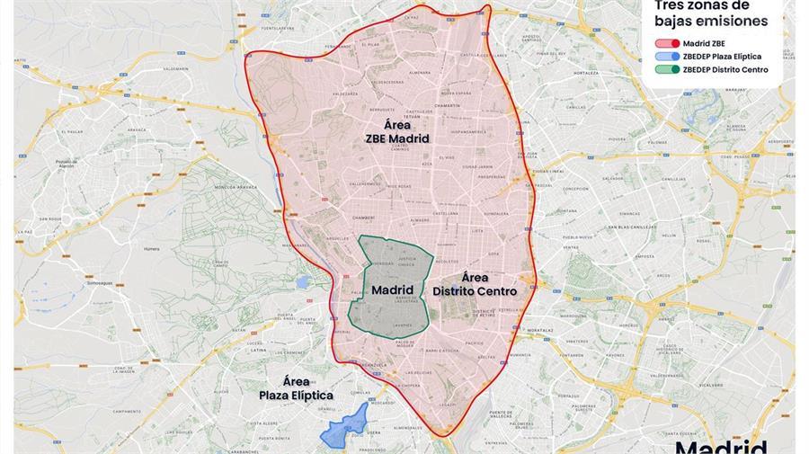 Mapa de la Zonas de Bajas Emisiones incluidas las de Especial Protección (ZBEDPE) de Distrito Centro y Plaza Elíptica.